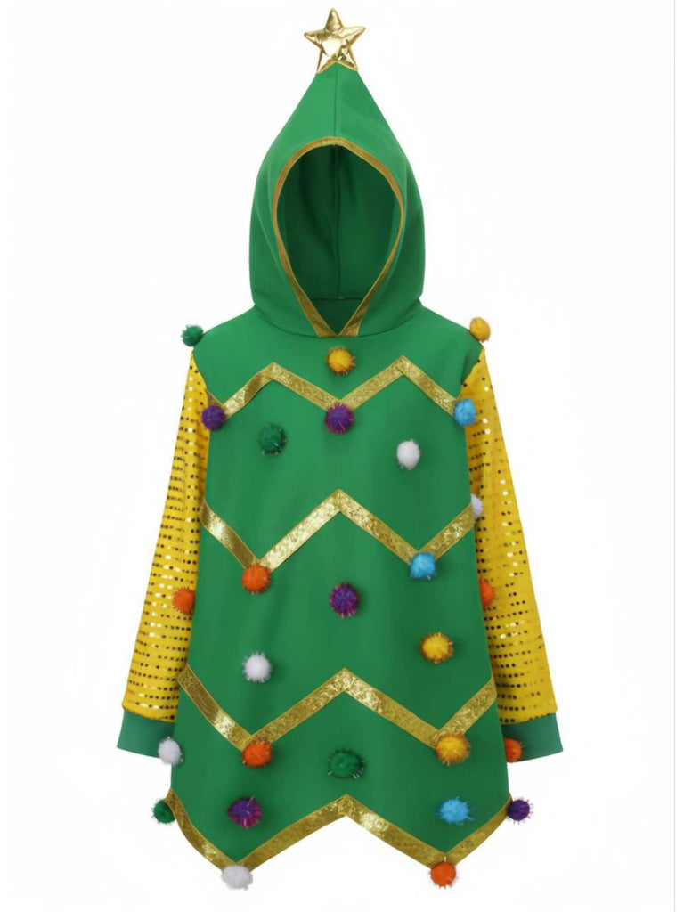 1950s Christmas Tree Hoodie With Colorful Pom Poms - vintage fashion, retro style