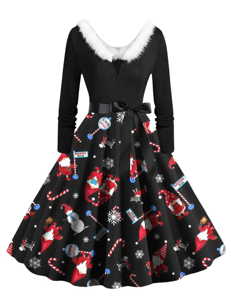 1950s Christmas V-Neck Fur Collar Swing Dress - vintage dress, retro fashion, rockabilly
