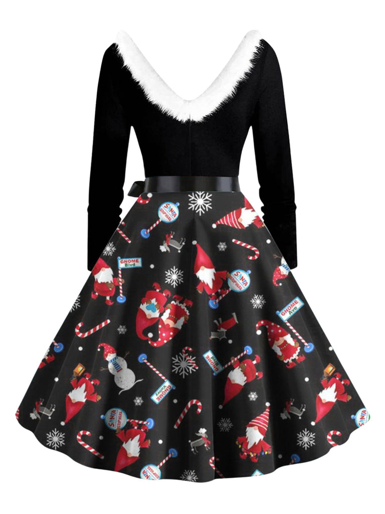 1950s Christmas V-Neck Fur Collar Swing Dress - vintage dress, retro fashion, rockabilly