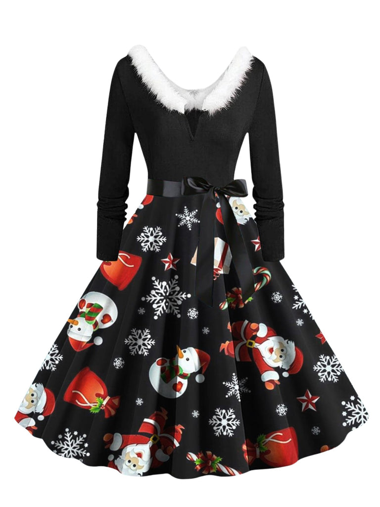 1950s Christmas V-Neck Fur Collar Swing Dress - vintage dress, retro fashion, rockabilly