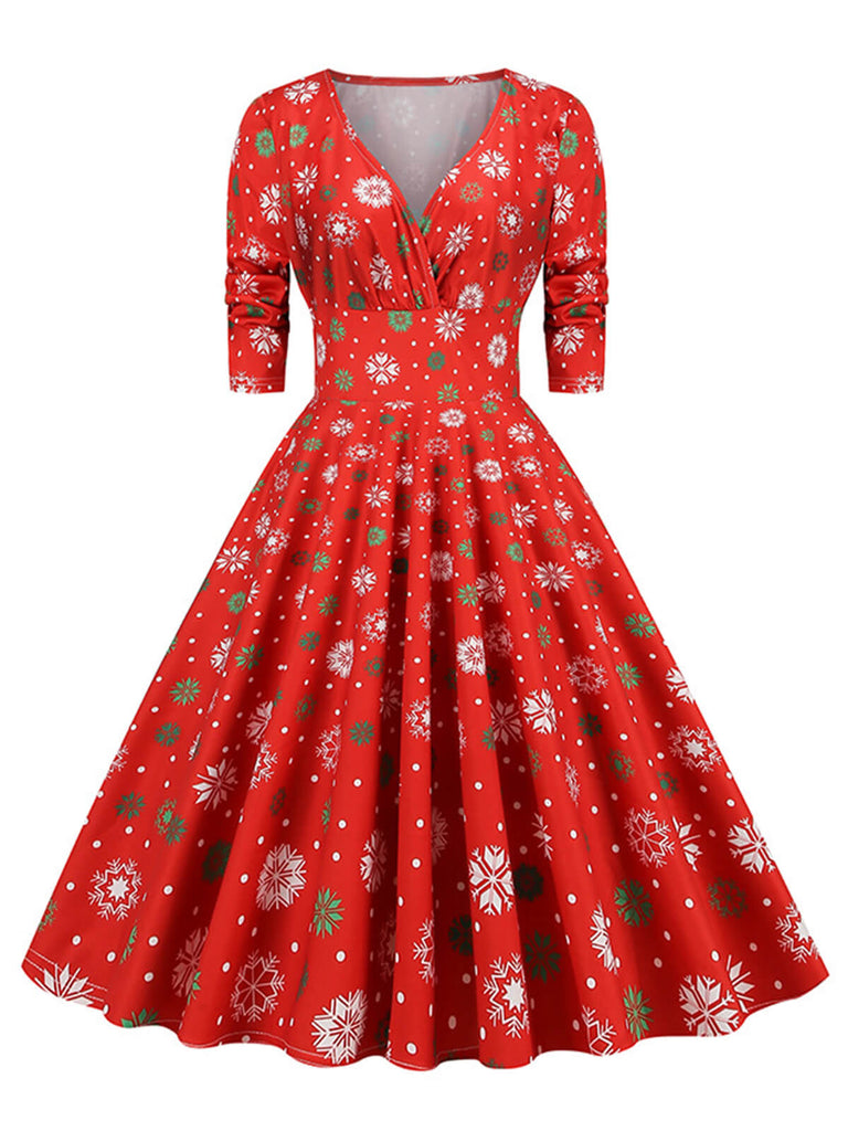 1950s Christmas V-Neck Mid-Sleeve Dress, vintage dress, retro fashion, rockabilly, pin-up fashion - perfect for women who love vintage and retro fashion