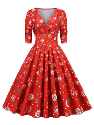 1950s Christmas V-Neck Mid-Sleeve Dress, vintage dress, retro fashion, rockabilly, pin-up fashion - perfect for women who love vintage and retro fashion