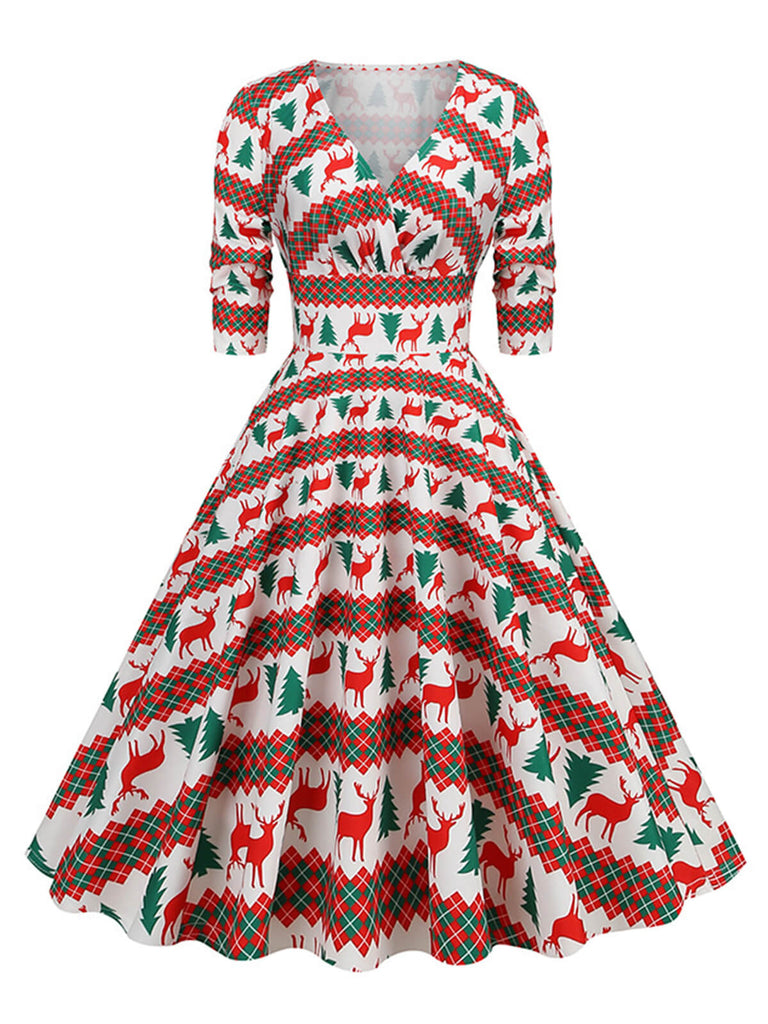 1950s Christmas V-Neck Mid-Sleeve Dress, vintage dress, retro fashion, rockabilly, pin-up fashion - perfect for women who love vintage and retro fashion