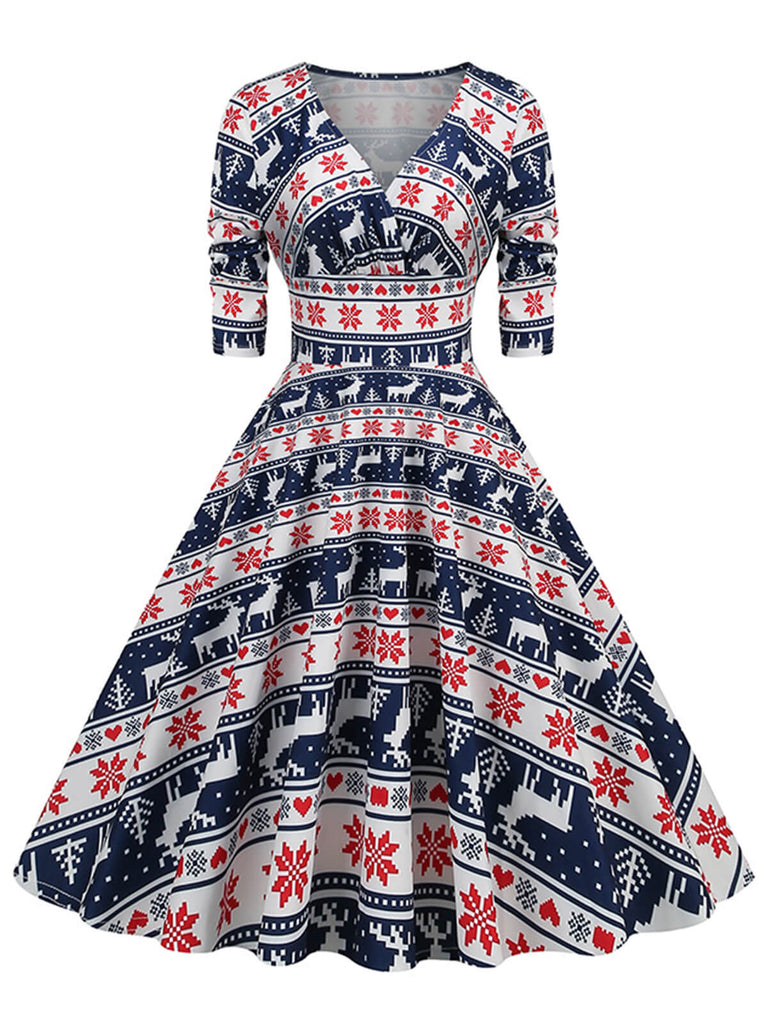 1950s Christmas V-Neck Mid-Sleeve Dress, vintage dress, retro fashion, rockabilly, pin-up fashion - perfect for women who love vintage and retro fashion