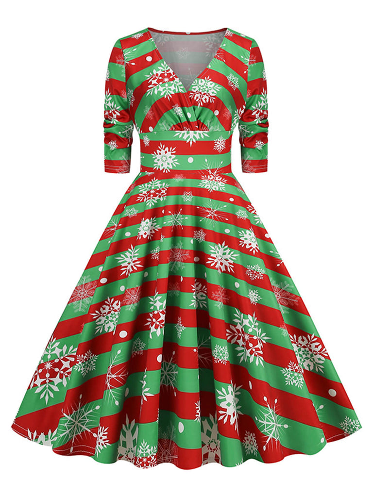 1950s Christmas V-Neck Mid-Sleeve Dress, vintage dress, retro fashion, rockabilly, pin-up fashion - perfect for women who love vintage and retro fashion