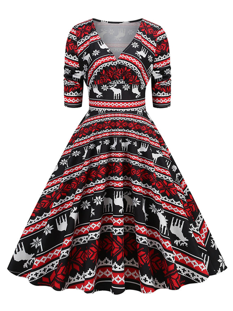1950s Christmas V-Neck Mid-Sleeve Dress, vintage dress, retro fashion, rockabilly, pin-up fashion - perfect for women who love vintage and retro fashion
