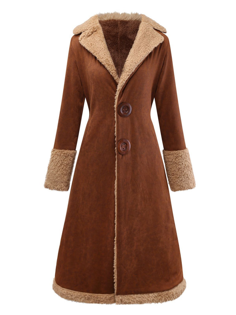 Brown 1950s Faux Suede Notched Collar Button Trench Coat - vintage fashion, retro style
