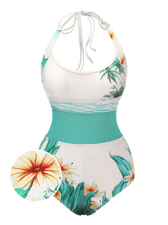 1950s Coconut Tree & Beach Patchwork Swimsuit, vintage swimsuit, pin-up swimwear - perfect for women who love vintage and retro fashion