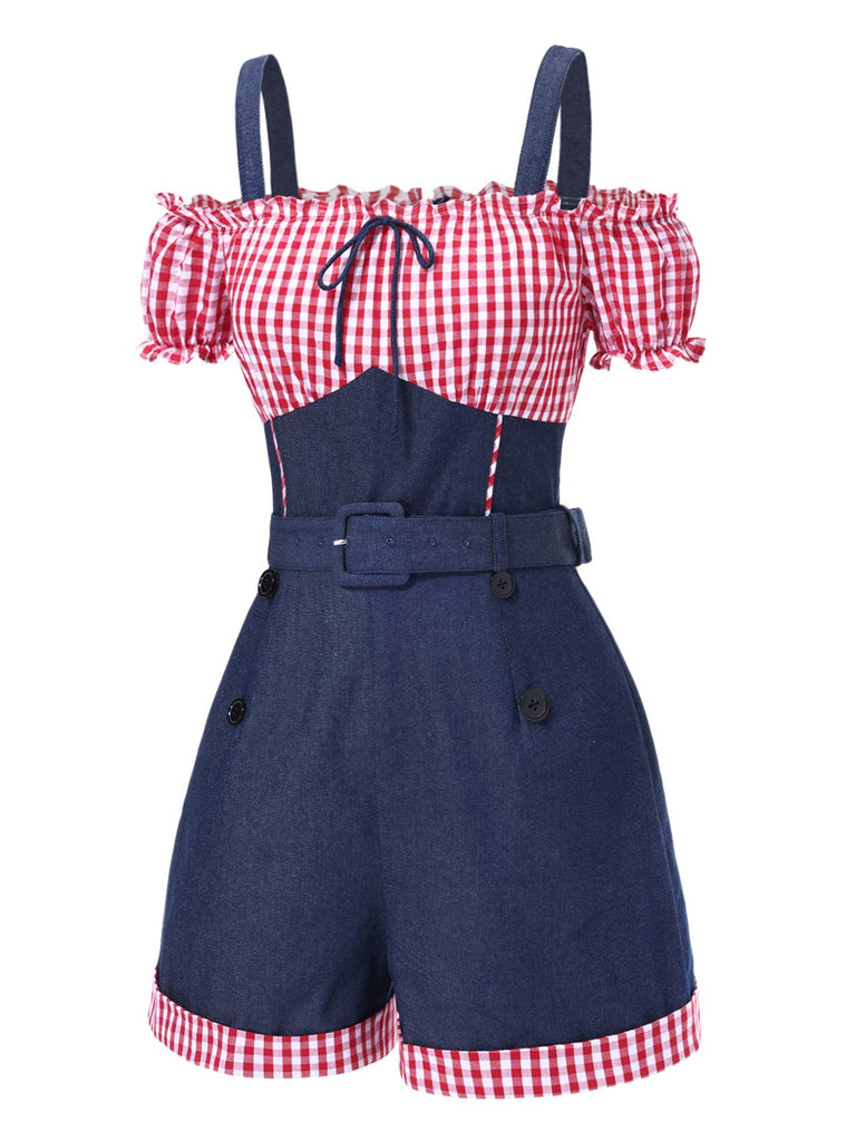 This 1950s Cold Shoulder Plaids Contrast Denim Romper whispers 1950s secrets to those who notice