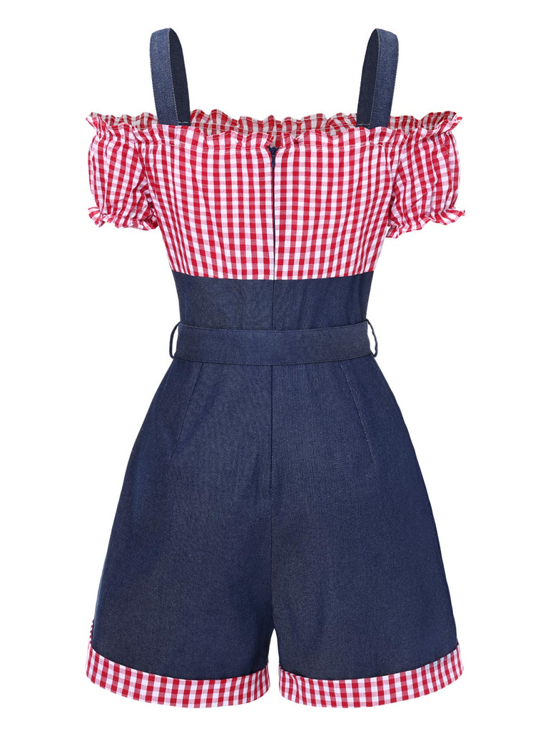 1950s Cold Shoulder Plaids Contrast Denim Romper — 1950s style that transcends decades