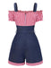 1950s Cold Shoulder Plaids Contrast Denim Romper — 1950s style that transcends decades
