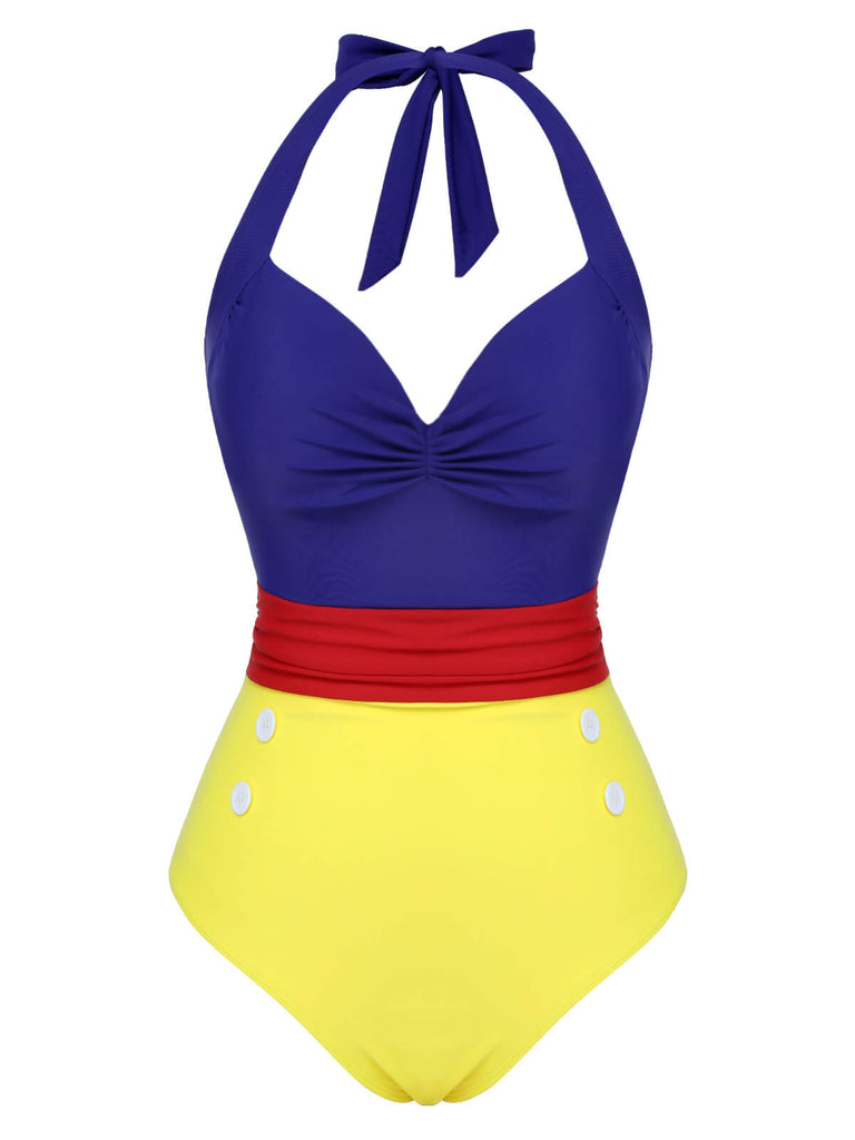 1950s Color Block Lace-Up Halter Swimsuit, vintage swimsuit, pin-up swimwear - perfect for women who love vintage and retro fashion