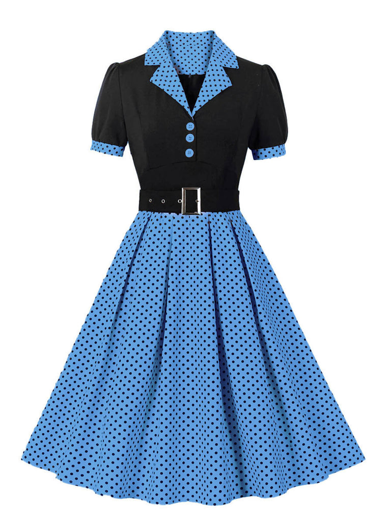 She slips into this 1950s Color Block Polka Dots Lapel Dress and suddenly it's a 1950s daydream