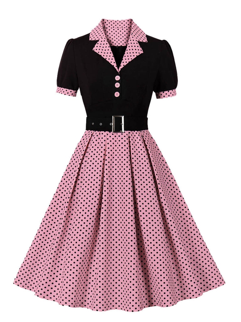 This 1950s Color Block Polka Dots Lapel Dress wraps her in 1950s elegance, one twirl at a time