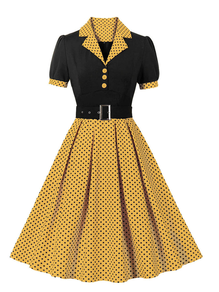 [Plus Size] 1950s Color Block Polka Dots Lapel Dress, vintage dress, retro fashion, rockabilly, pin-up fashion - perfect for women who love vintage and retro fashion