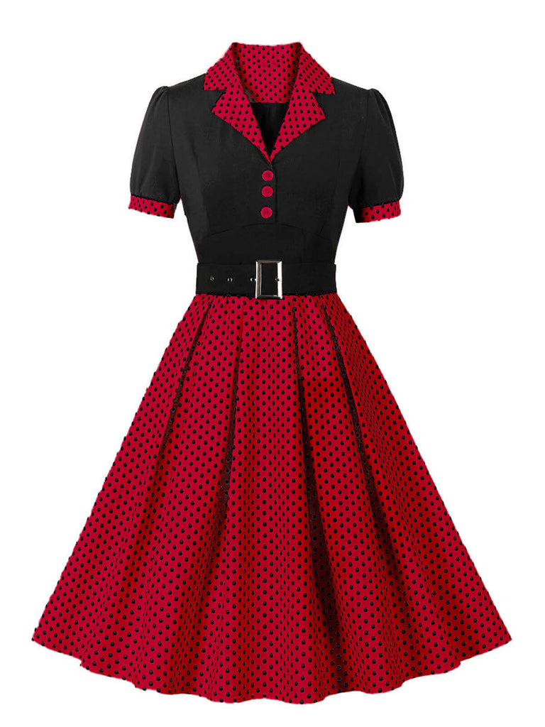 [Plus Size] 1950s Color Block Polka Dots Lapel Dress, vintage dress, retro fashion, rockabilly, pin-up fashion - perfect for women who love vintage and retro fashion