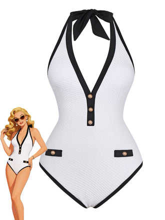 1950s Color Block V-Neck Backless Button Swimsuit - vintage swimsuit, pin-up swimwear for vintage lovers