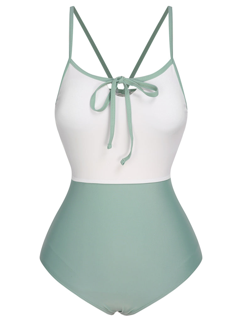 1950s Color Contrast BowKnot Strap Swimsuit, vintage swimsuit, pin-up swimwear - perfect for women who love vintage and retro fashion