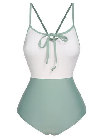 1950s Color Contrast BowKnot Strap Swimsuit, vintage swimsuit, pin-up swimwear - perfect for women who love vintage and retro fashion