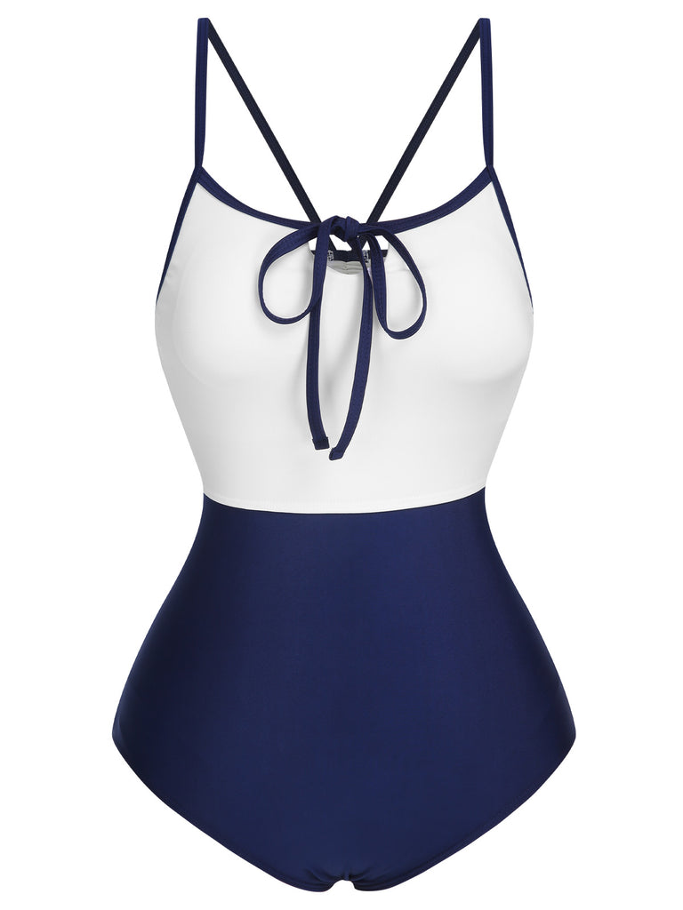 1950s Color Contrast BowKnot Strap Swimsuit, vintage swimsuit, pin-up swimwear - perfect for women who love vintage and retro fashion