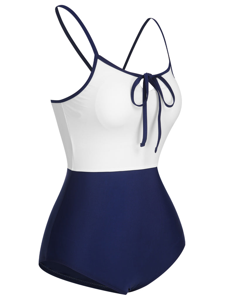 1950s Color Contrast BowKnot Strap Swimsuit, vintage swimsuit, pin-up swimwear - perfect for women who love vintage and retro fashion