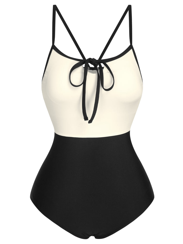1950s Color Contrast BowKnot Strap Swimsuit, vintage swimsuit, pin-up swimwear - perfect for women who love vintage and retro fashion