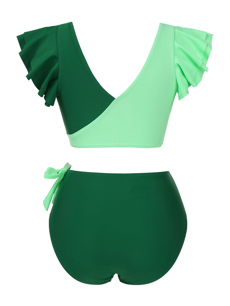 1950s Colorblock Ruffle Ruched Bow Bikini Set - vintage fashion, retro style