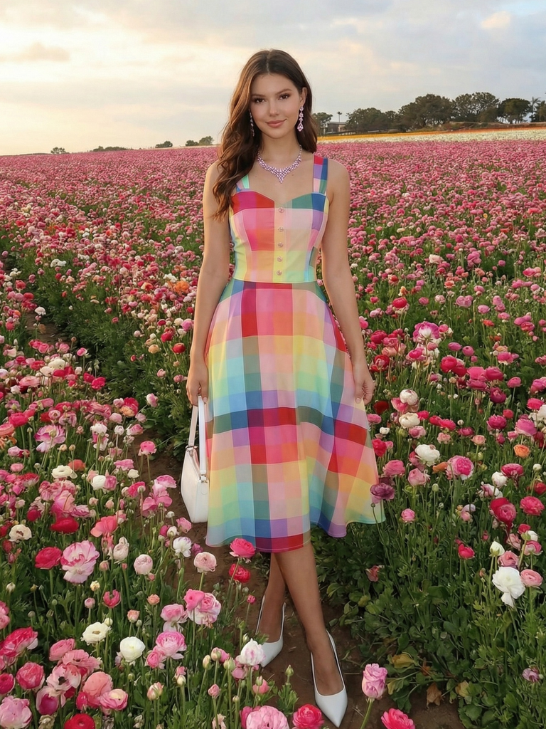 1950s Colorful Plaid Wide-strap A-Line Dress, vintage dress, retro fashion, rockabilly, pin-up fashion - perfect for women who love vintage and retro fashion