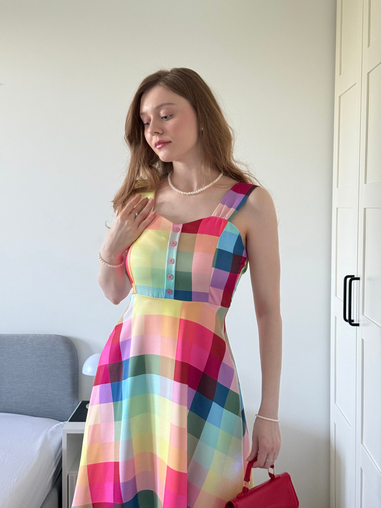 1950s Colorful Plaid Wide-strap A-Line Dress, vintage dress, retro fashion, rockabilly, pin-up fashion - perfect for women who love vintage and retro fashion