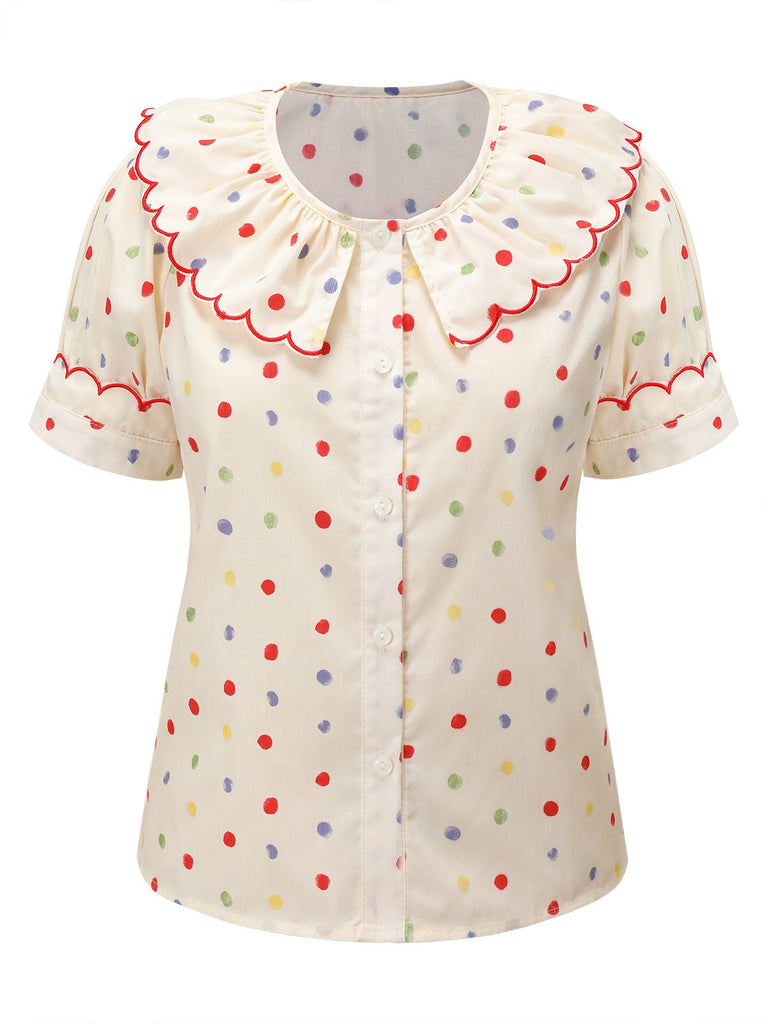 1950s Colorful Polka Dot Lace Collar Blouse, vintage top, retro blouse - perfect for women who love vintage and retro fashion