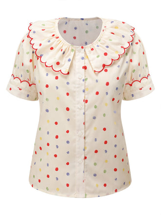 1950s Colorful Polka Dot Lace Collar Blouse, vintage top, retro blouse - perfect for women who love vintage and retro fashion