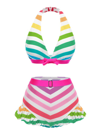 This 1950s Contrast Bow Ruffle Stripes Bikini carries 1950s vacation dreams in every stitch