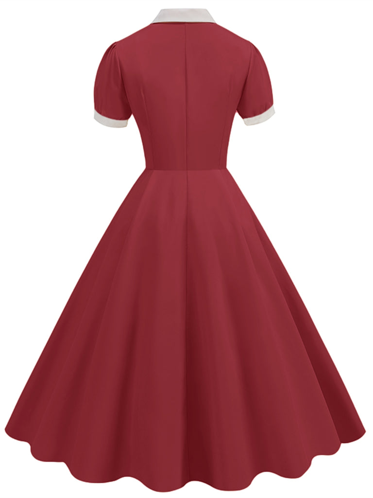 This 1950s Contrast Short Sleeve Lapel Dress wraps her in 1950s elegance, one twirl at a time