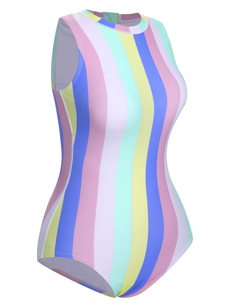 1950s Contrast Stripes Triangle One-Piece Swimsuit — 1950s poolside glamour meets sun-drenched confidence