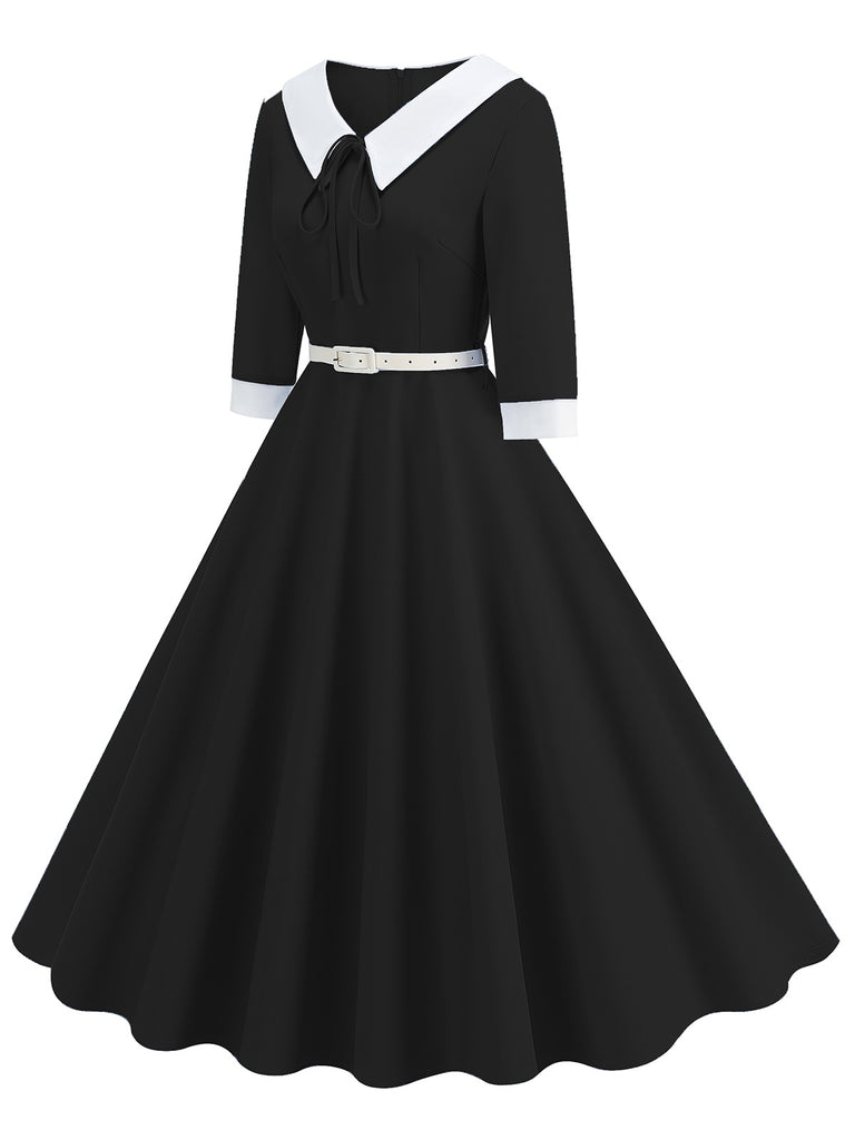 1950s Contrast Tie Neck Belted Lapel Dress — the kind of 1950s dress that makes strangers smile