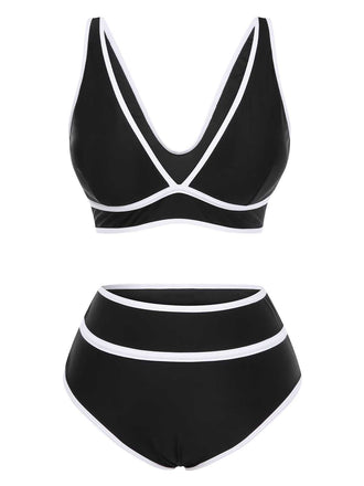 1950s Contrast Trim High Waist Bikini Set - vintage fashion, retro style