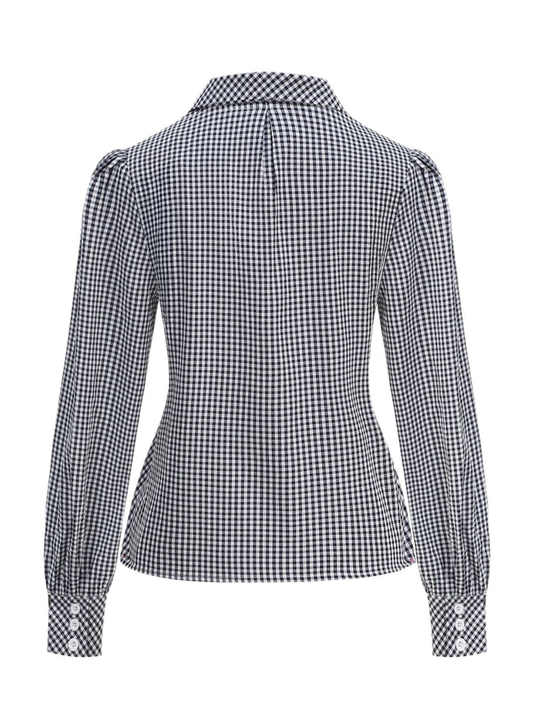 1950s Cotton Gingham Lantern Sleeve Chelsea Collar Blouse - vintage top, retro blouse for vintage lovers