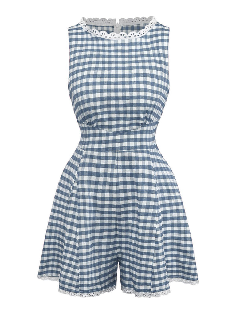 1950s Cotton Lace Patchwork Gingham Plaid Romper - vintage jumpsuit, retro fashion