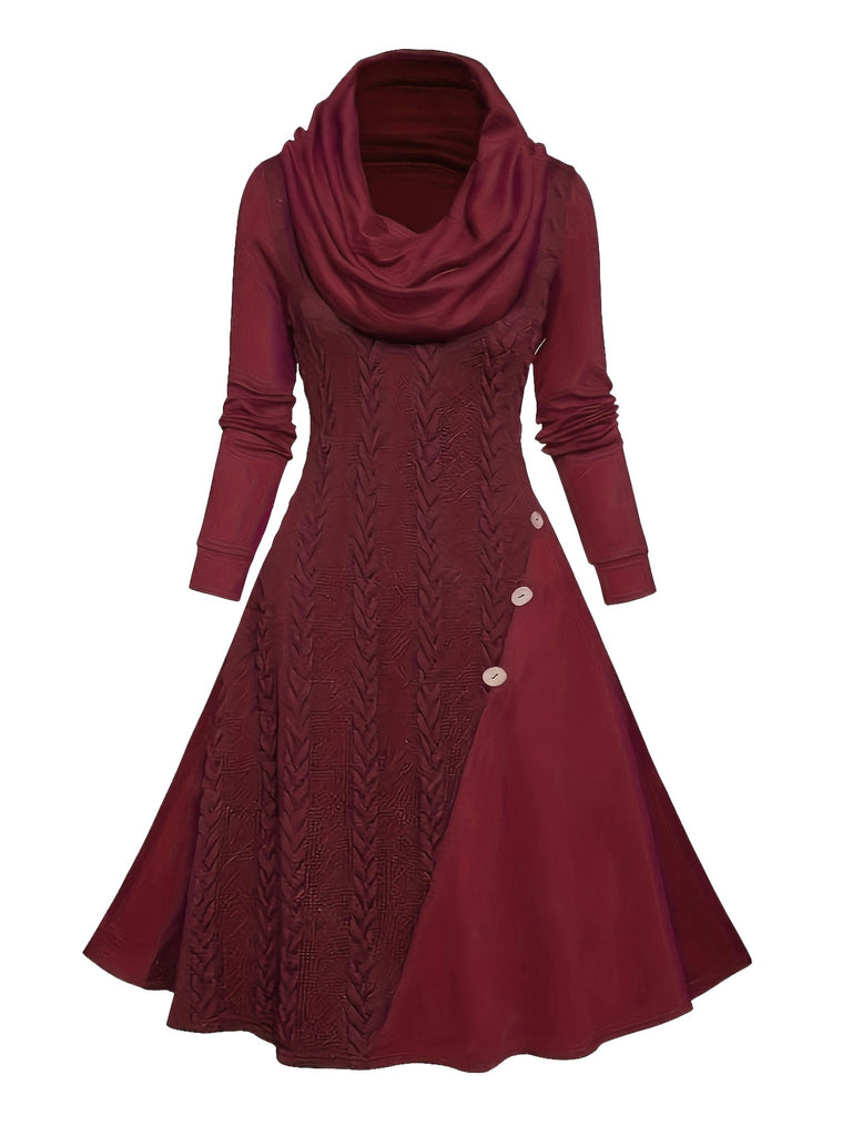 She slips into this 1950s Cowl Neck Knit Patchwork Swing Dress and suddenly it's a 1950s daydream