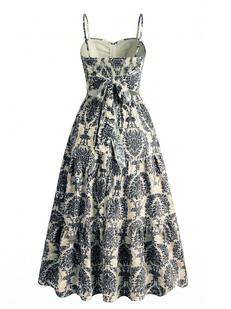 1950s-Damask-Spaghetti-Strap-Sweetheart-A-Line-Dress, vintage, retro, dress