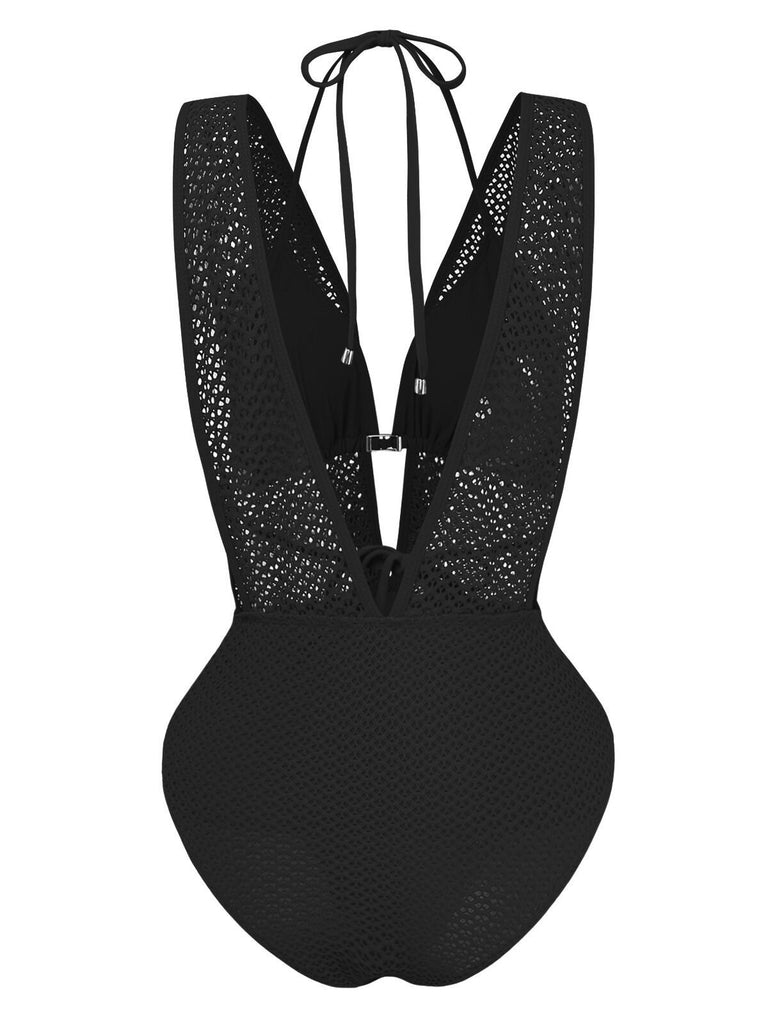 1950s Deep V-Neck Crochet Mesh Halter Swimsuit Set - vintage swimsuit, pin-up style