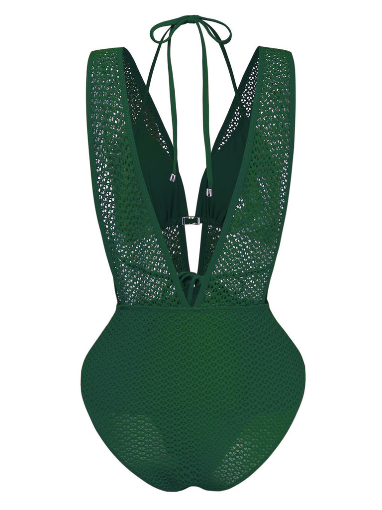 1950s Deep V-Neck Crochet Mesh Halter Swimsuit Set - vintage swimsuit, pin-up style