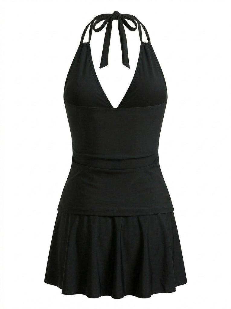 1950s Deep V-Neck Halter Tankini Set & Cover-Up - bohemian cover up, beach wear for vintage lovers