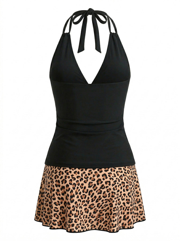 1950s Deep V-Neck Halter Tankini Set & Cover-Up - bohemian cover up, beach wear for vintage lovers