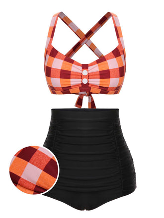 She's wearing 1950s Double Strap Buttoned Plaids Swimsuit and the whole beach remembers the 1950s