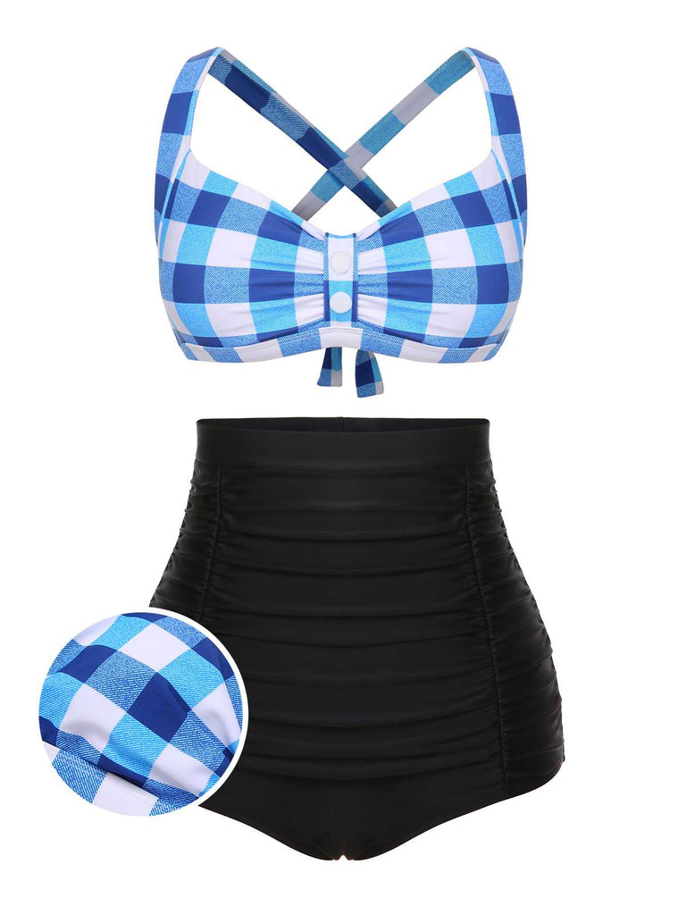 1950s Double Strap Buttoned Plaids Swimsuit — 1950s poolside glamour meets sun-drenched confidence