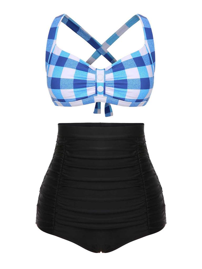 She's wearing 1950s Double Strap Buttoned Plaids Swimsuit and the whole beach remembers the 1950s
