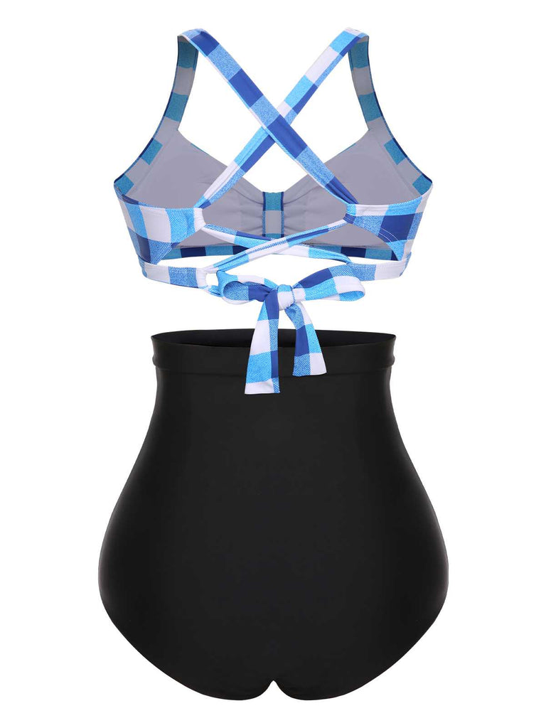 This 1950s Double Strap Buttoned Plaids Swimsuit carries 1950s vacation dreams in every stitch