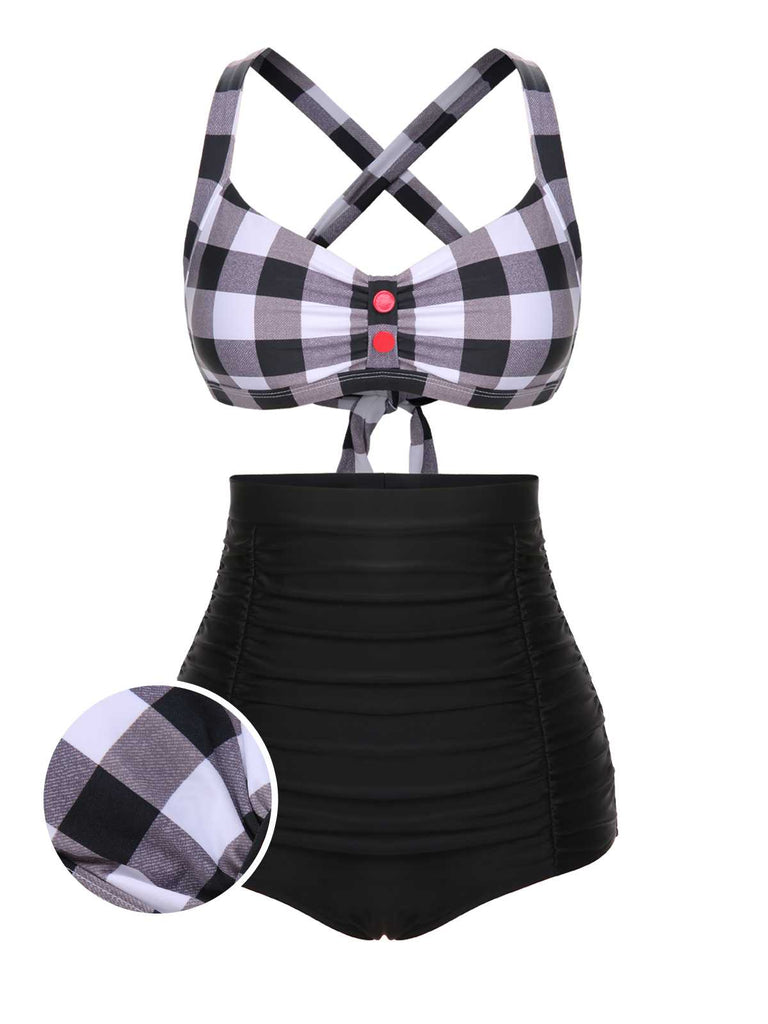 She's wearing 1950s Double Strap Buttoned Plaids Swimsuit and the whole beach remembers the 1950s