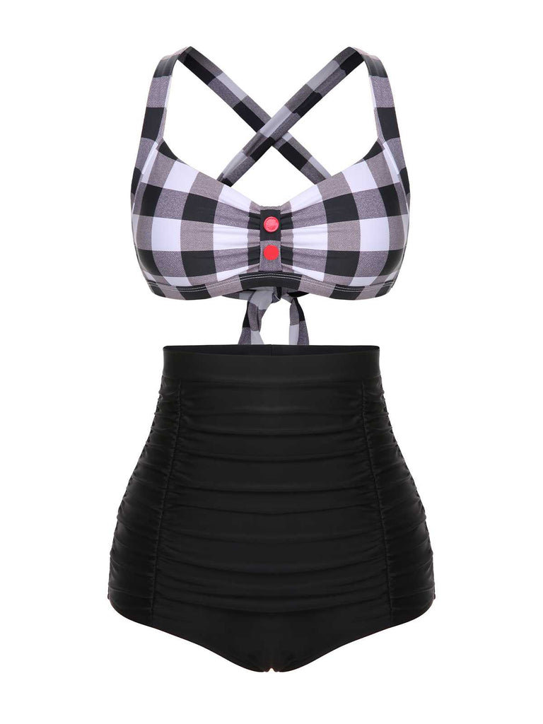 1950s Double Strap Buttoned Plaids Swimsuit: 1950s Riviera elegance, reimagined for her